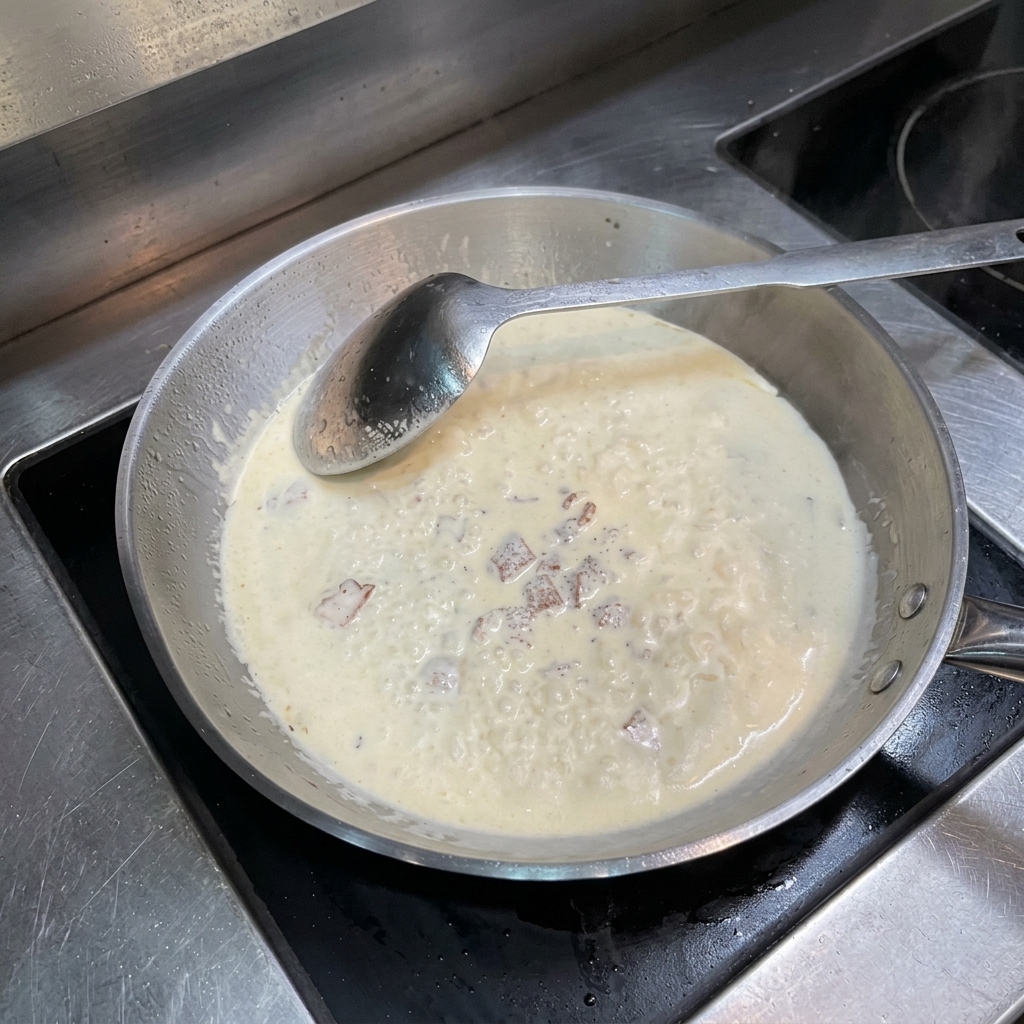 Sartén con salsa blanca burbujeando, trozos de bacón y motas de pimienta negra, con un cazo metálico dentro.