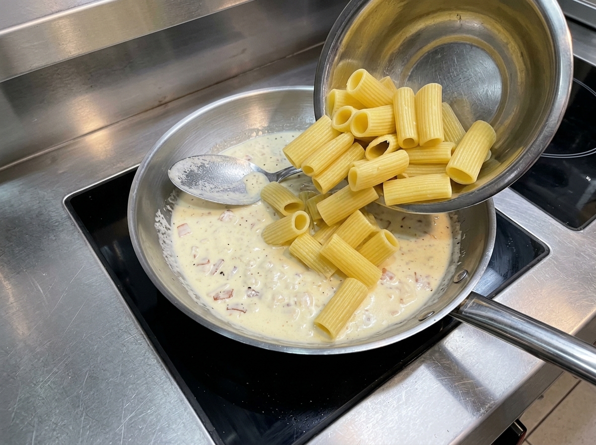 Pasta rigatoni precocida vertiéndose desde un cuenco metálico en una sartén con salsa de nata.
