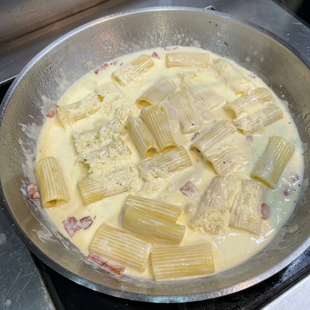 Pasta y bacón en salsa cremosa en una sartén, con un pequeño trozo de mantequilla derritiéndose encima.