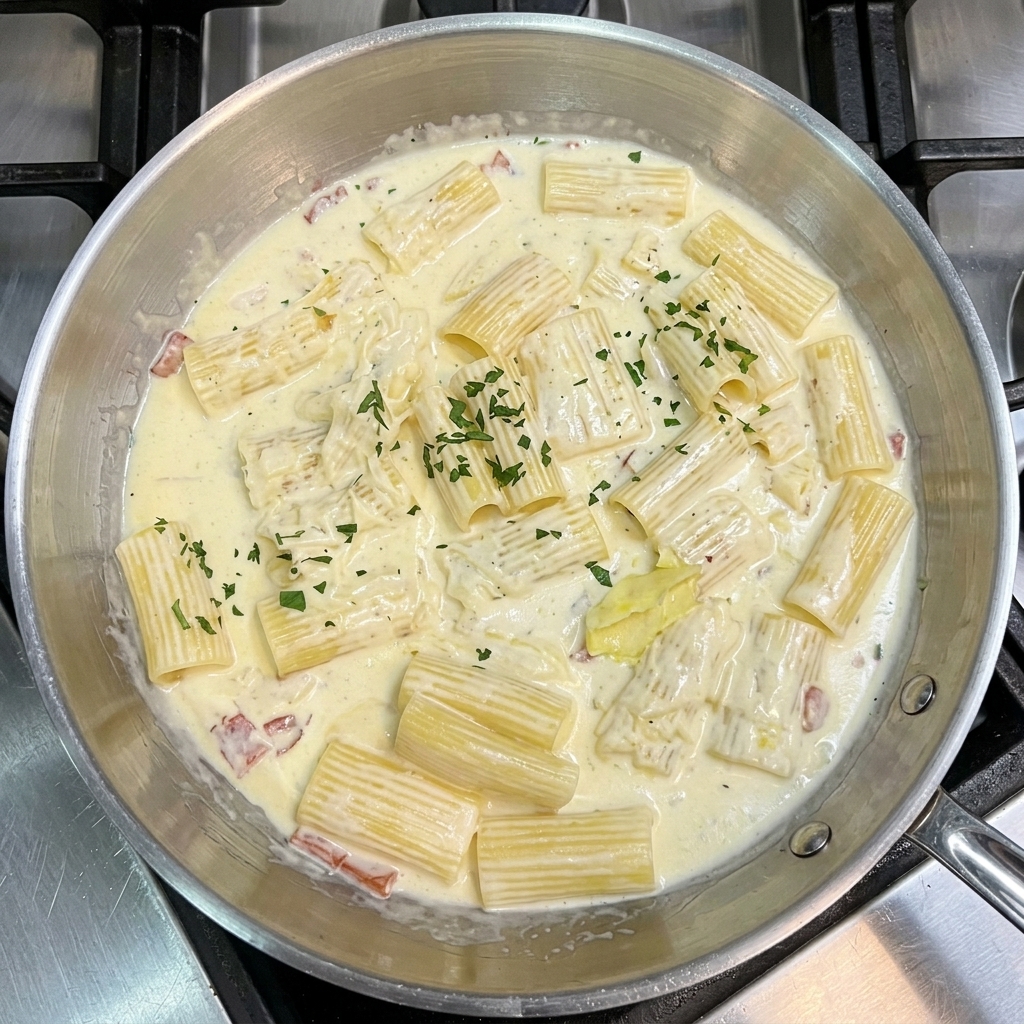 Pasta rigatoni en salsa blanca con bacón, siendo decorada con perejil verde fresco picado en la sartén.