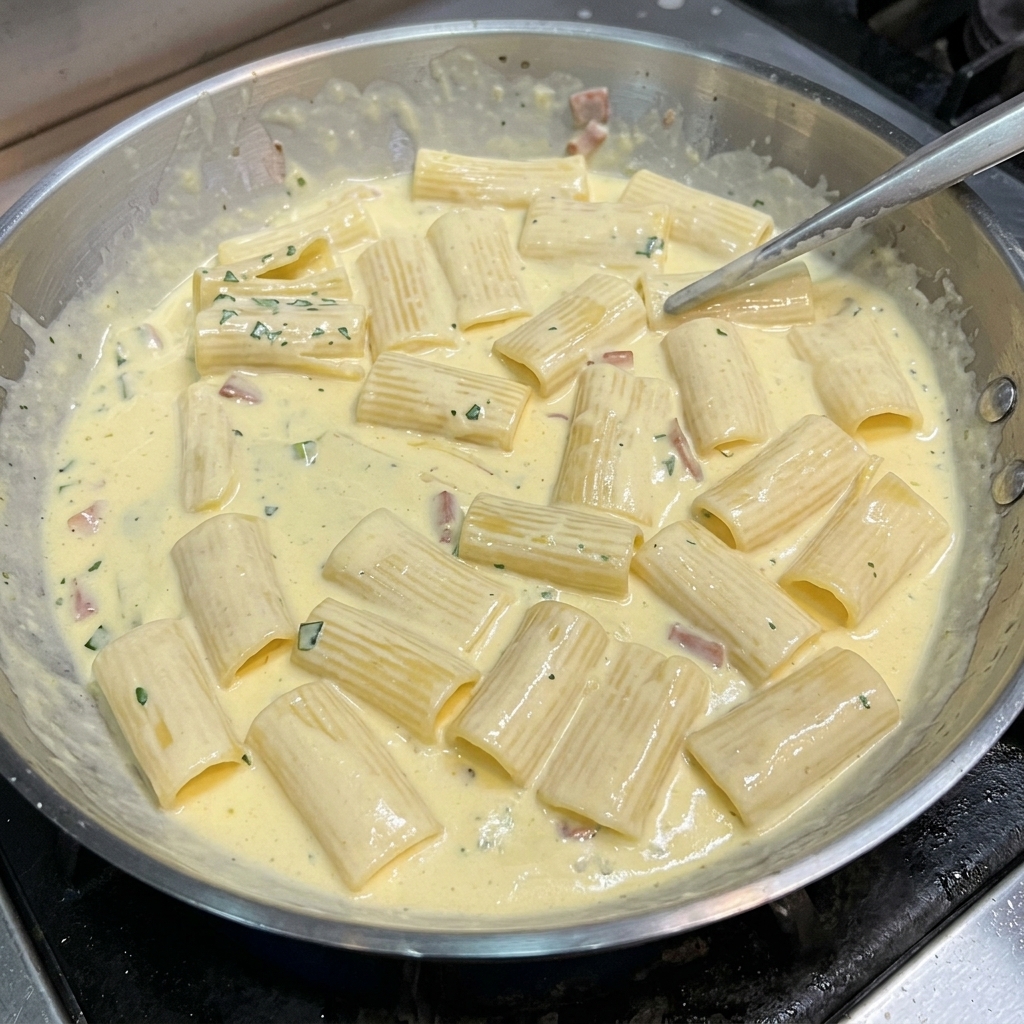 Pasta rigatoni bien cubierta de salsa cremosa con bacón y perejil, coronada con pechuga de pollo en rodajas.