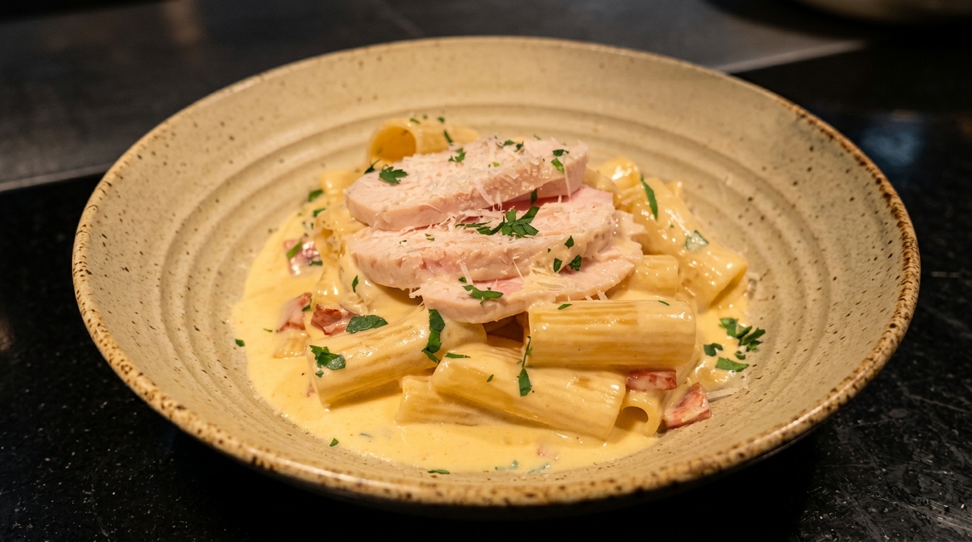 Rigatoni Cremosos con Bacón y Pollo