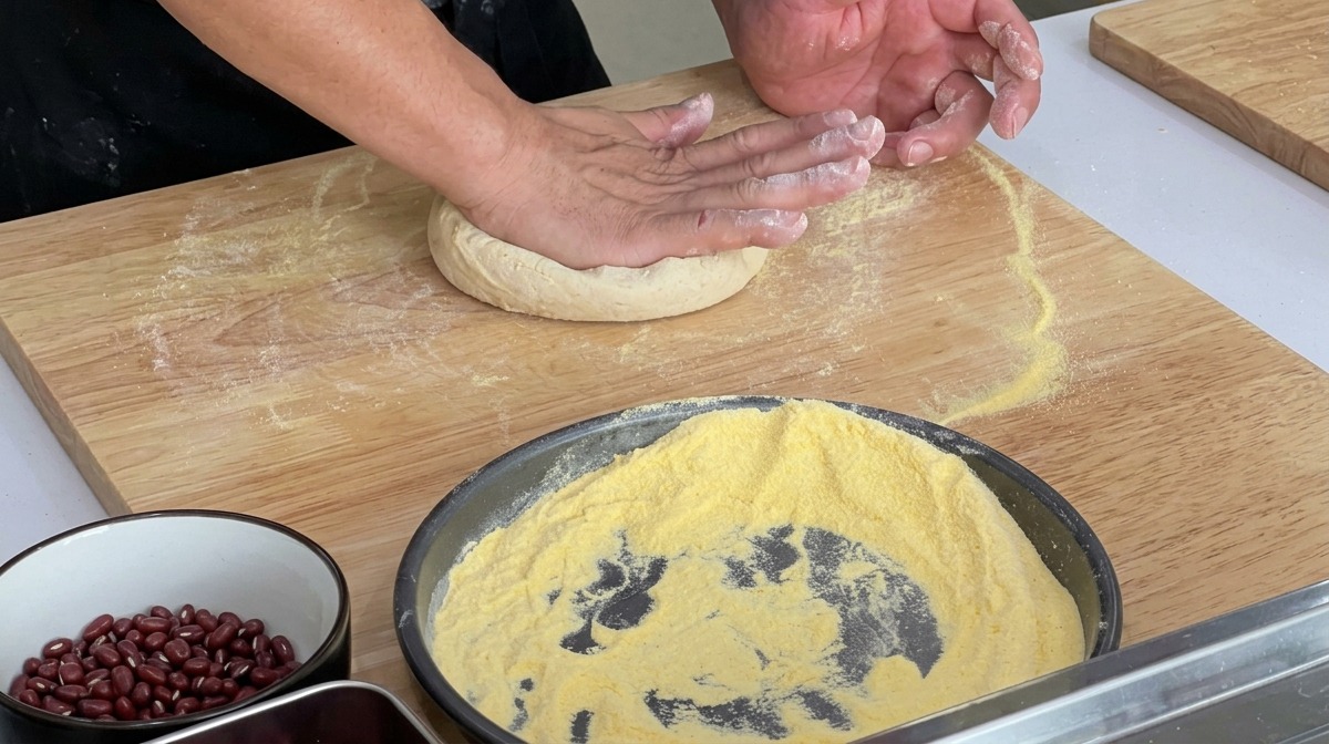 Un chef presionando una bola de masa de pizza fermentada con las manos sobre una superficie espolvoreada con harina amarilla.