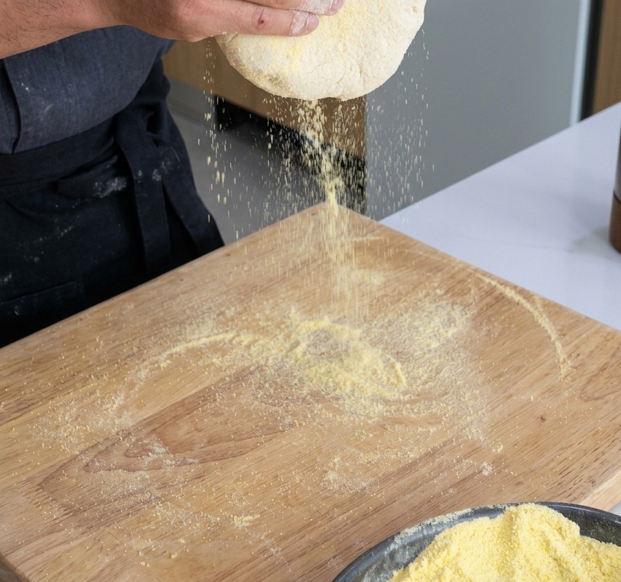 Sosteniendo la masa de pizza verticalmente, dejando caer la harina amarilla mientras la gravedad estira el centro dejándolo más fino.