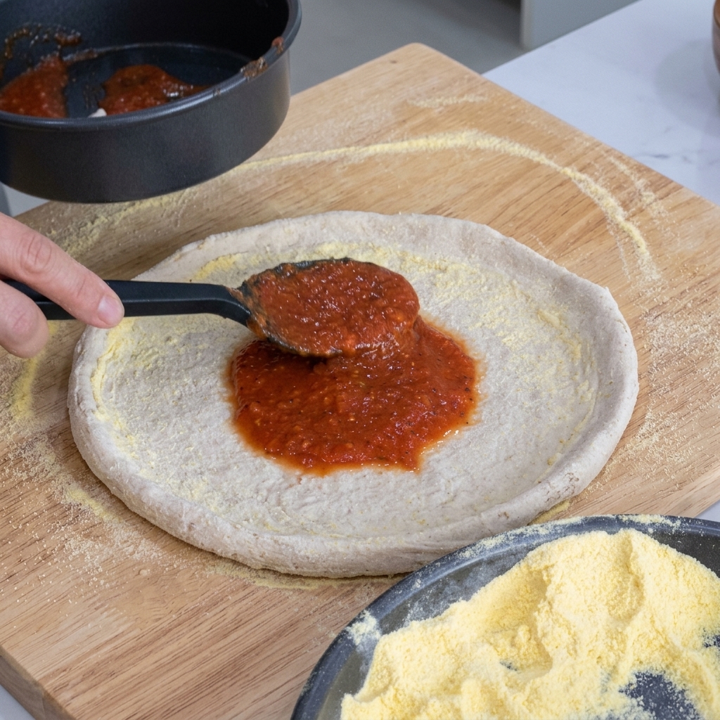 Extendiendo salsa de pizza roja sobre la masa de pizza con una cuchara.