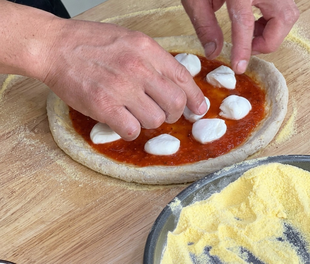 Colocando trozos blancos de mozzarella fresca sobre la masa de la pizza.