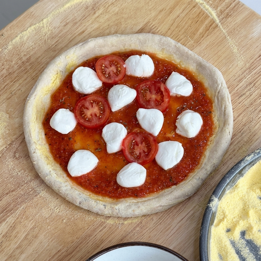 Masa de pizza cubierta con salsa de tomate, bolas de mozzarella y rodajas de tomate cherry.