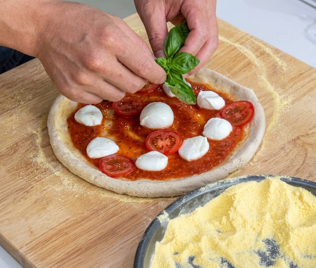 Manos colocando hojas de albahaca fresca encima de una pizza Margarita sin hornear.