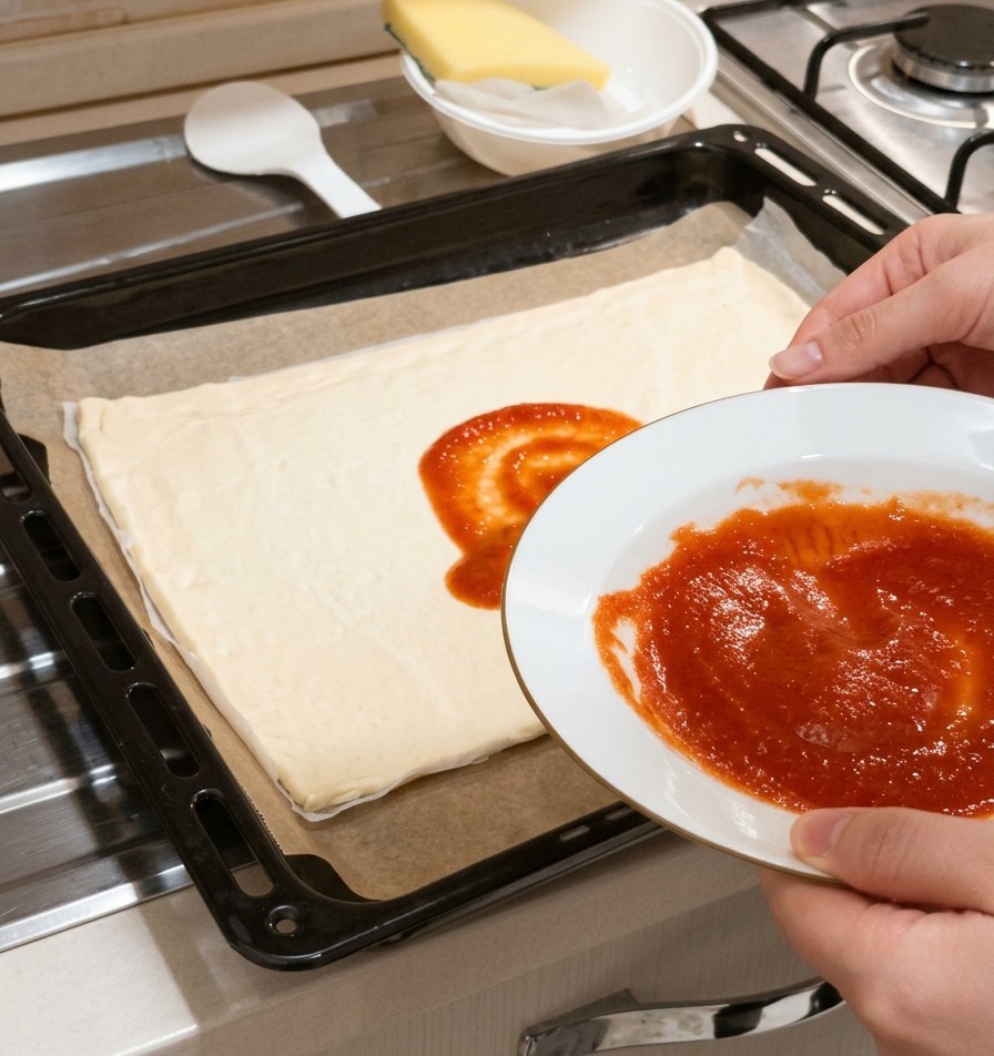 Una mano sosteniendo un plato blanco con salsa de tomate roja mientras vierte una cucharada en el centro de la masa de pizza cruda.