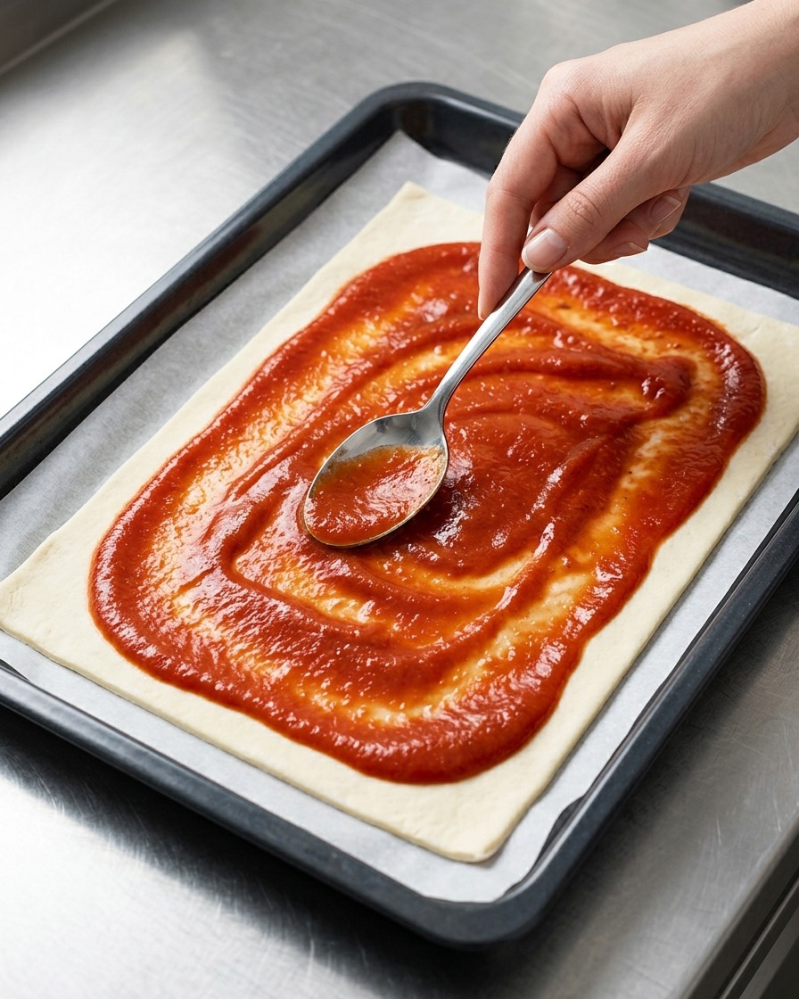 Una cuchara de metal extendiendo una capa uniforme de salsa de tomate roja vibrante sobre la superficie de la masa de pizza.