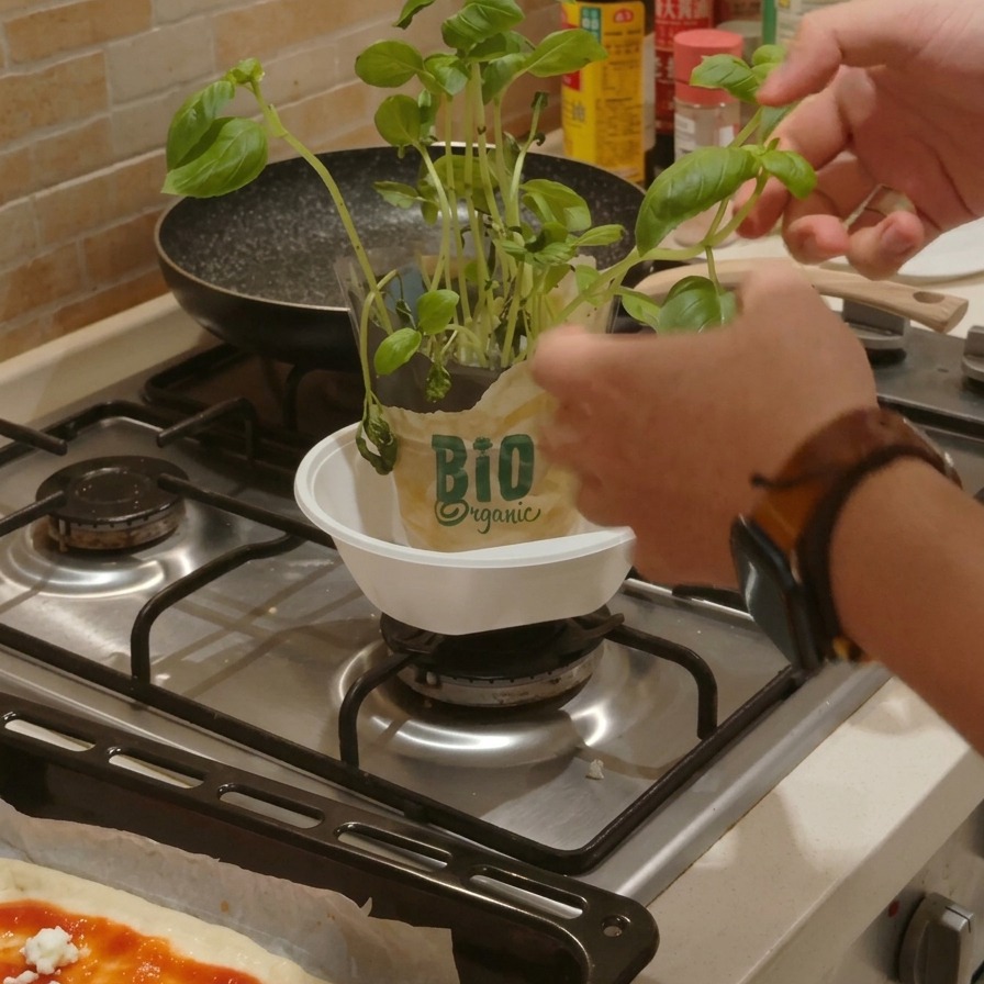 Dos manos arrancando hojas verdes de albahaca fresca de una pequeña planta en maceta dentro de un bol de plástico.