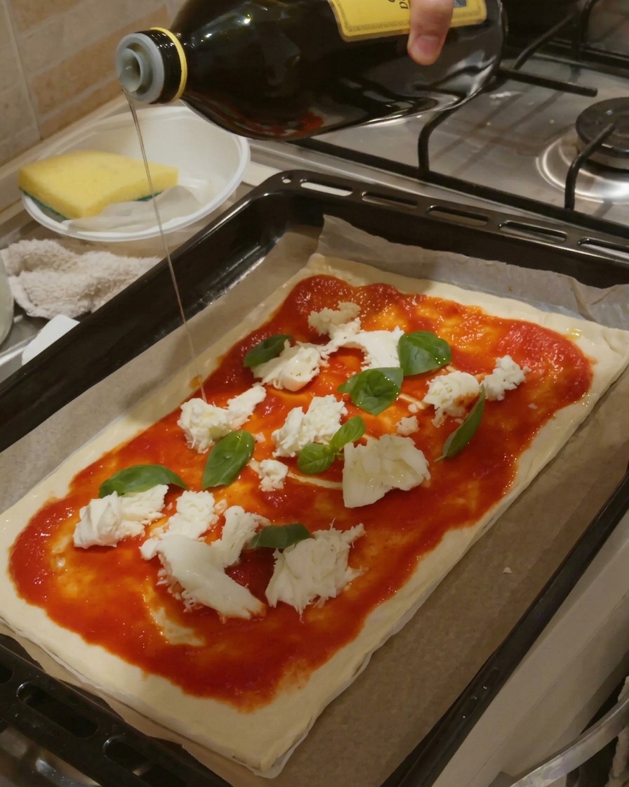 Mano vertiendo aceite de oliva desde una botella verde oscuro sobre una pizza Margherita cruda en una bandeja de horno.