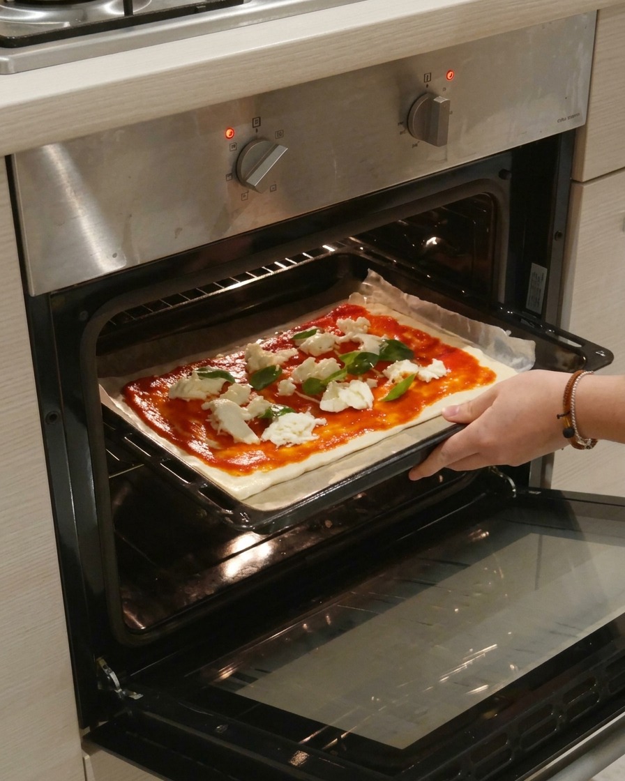 Manos deslizando una bandeja con una pizza Margherita cruda al horno caliente.