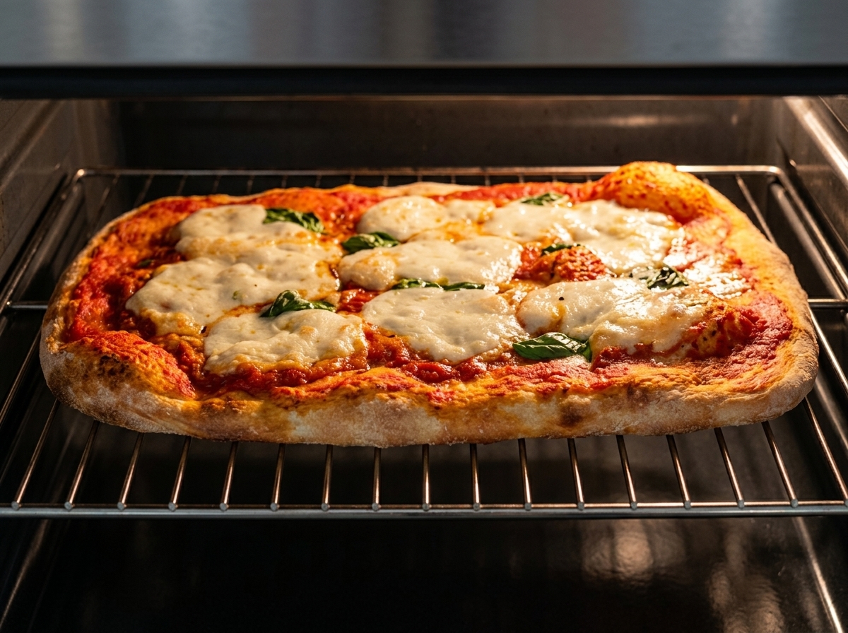 Pizza Margherita horneándose dentro del horno con el queso mozzarella fundido y la salsa de tomate burbujeando.
