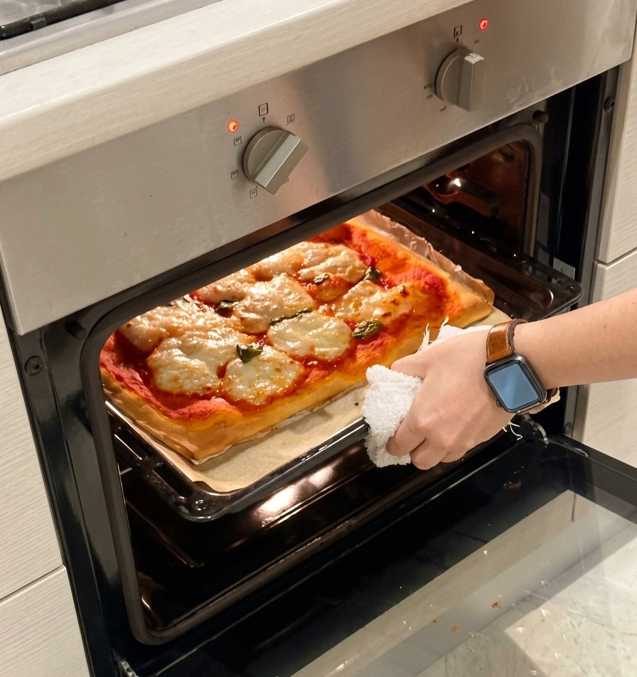 Manos usando un paño blanco para sacar con cuidado una pizza Margherita recién horneada del horno caliente.