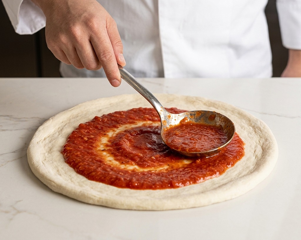 Un chef usando un cucharón de metal para extender salsa de tomate roja en círculo sobre la masa cruda.
