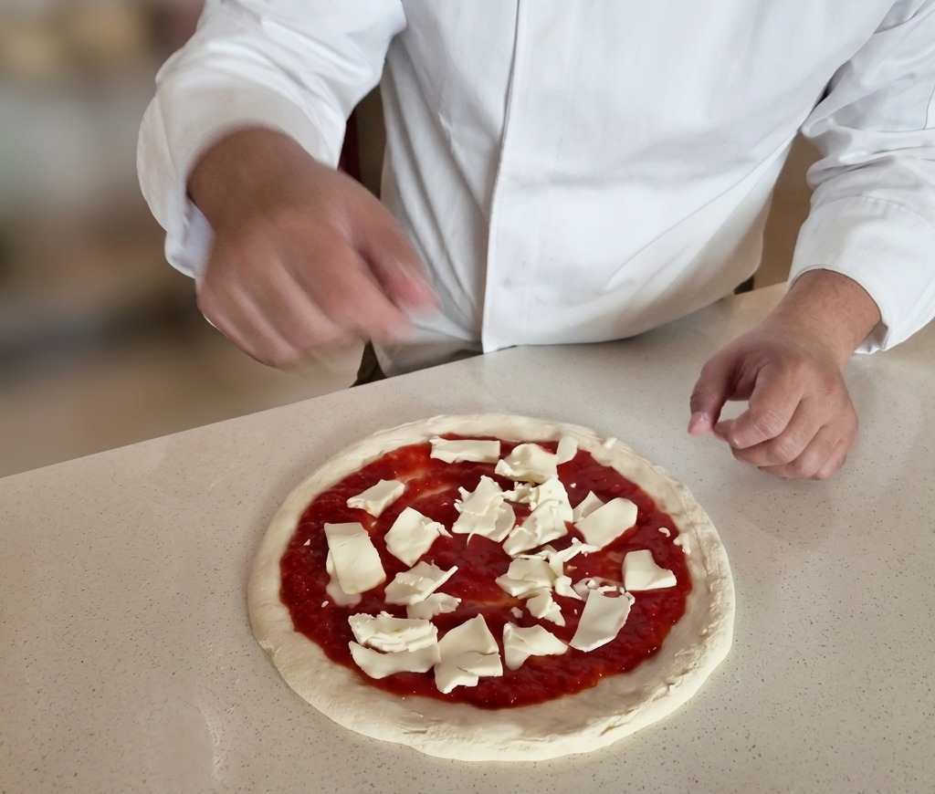 Trozos de queso mozzarella blanco fresco esparcidos sobre la masa con salsa de tomate.