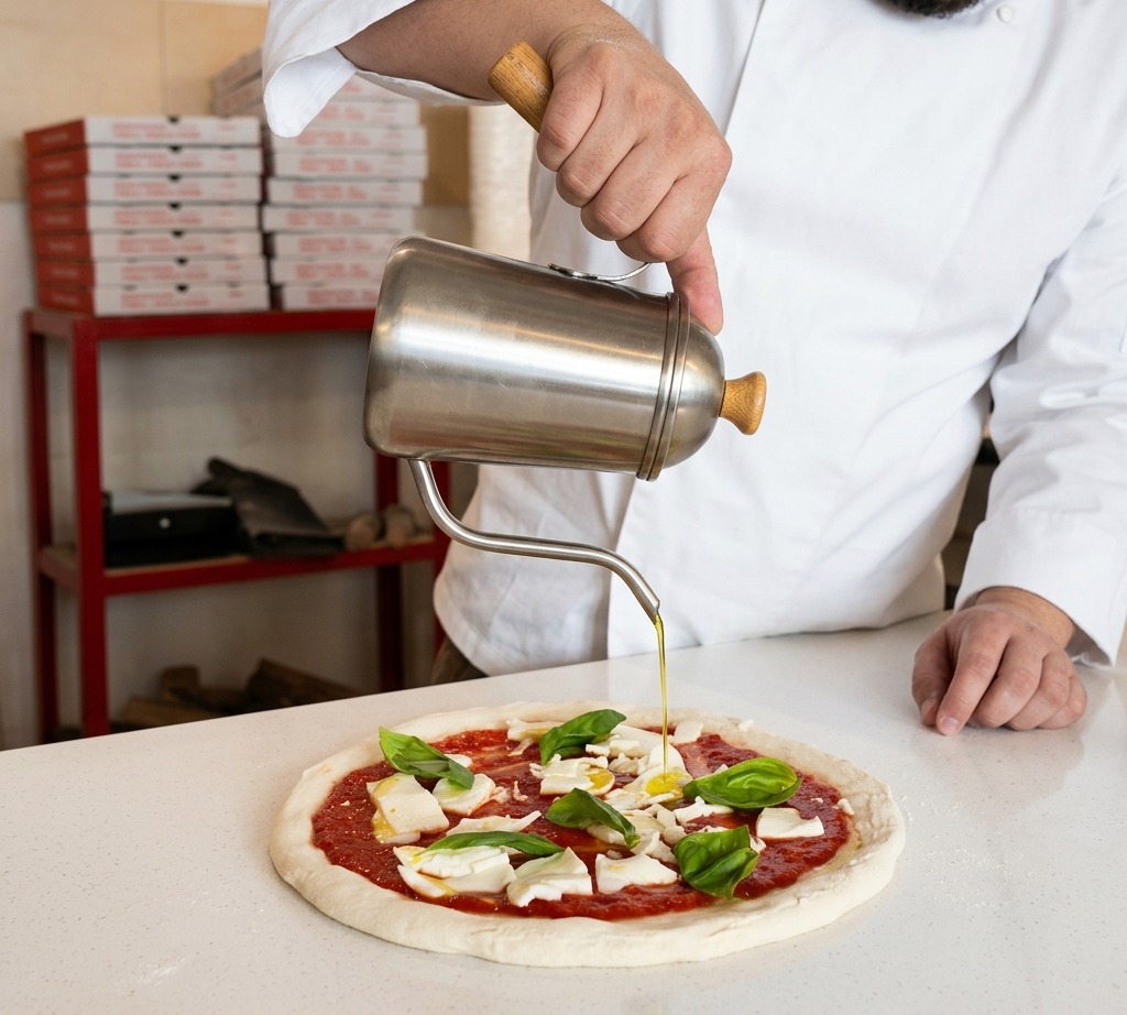 Chef rociando aceite de oliva desde una aceitera metálica sobre una pizza cruda con tomate, mozzarella y albahaca.