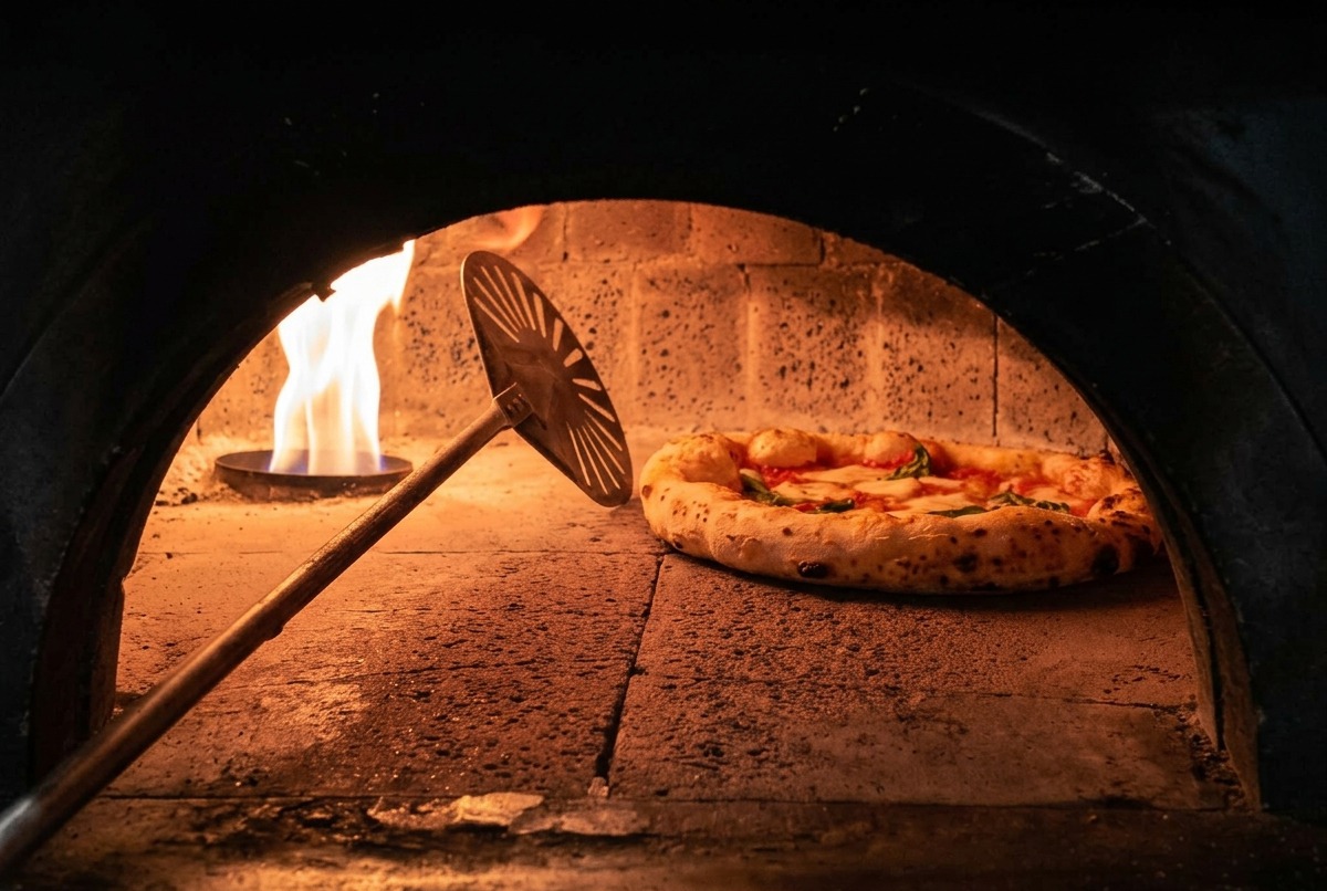 Una pizza Margherita horneándose en el suelo de piedra de un horno de leña, con los bordes burbujeando cerca de la llama.