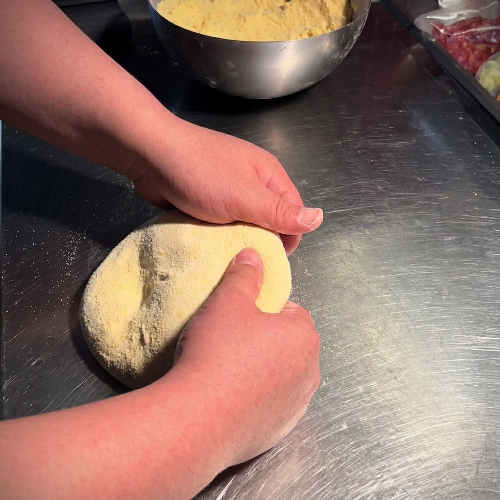 Manos de un chef amasando suavemente una bola redonda de masa de pizza sobre una superficie de acero inoxidable enharinada.