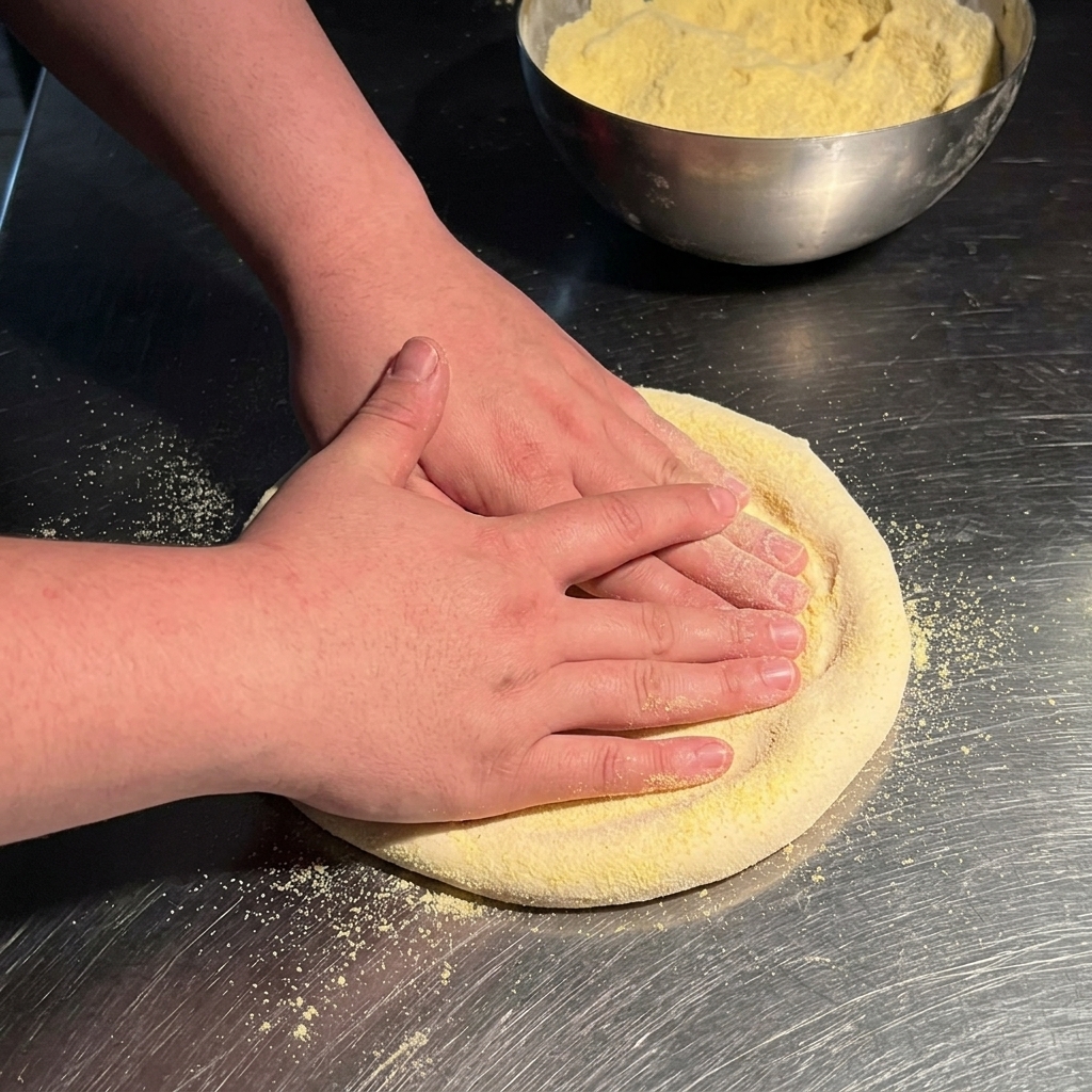Manos aplanando una bola redonda de masa de pizza sobre una superficie metálica con harina.