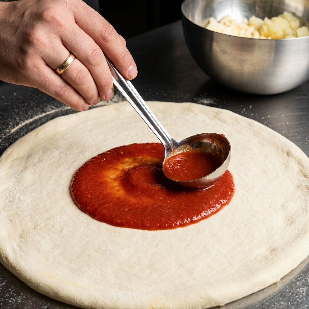 Un cazo de metal vertiendo salsa de tomate rojo en el centro de una masa de pizza estirada.