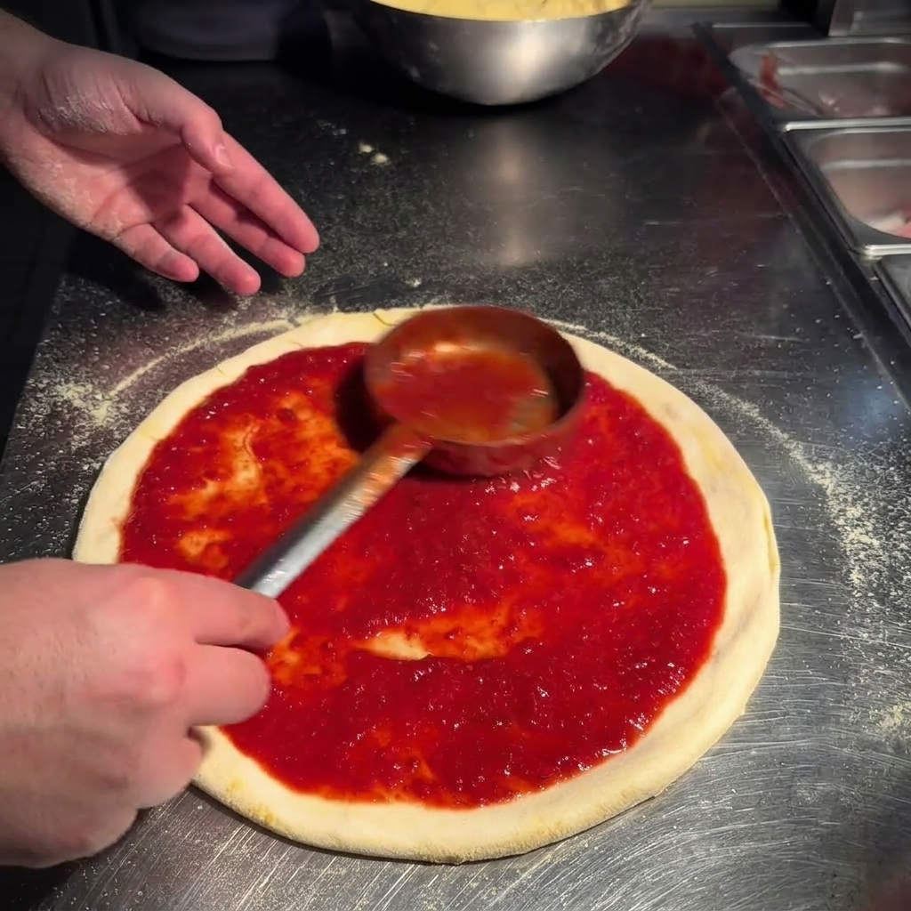 Extendiendo salsa de tomate con la base de un cucharón mediante movimientos circulares sobre la masa.