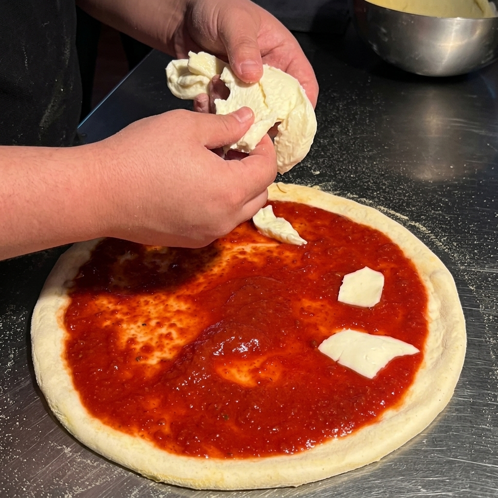 Manos rompiendo trozos de mozzarella blanca fresca y esparciéndolos sobre una base de pizza cubierta de tomate.