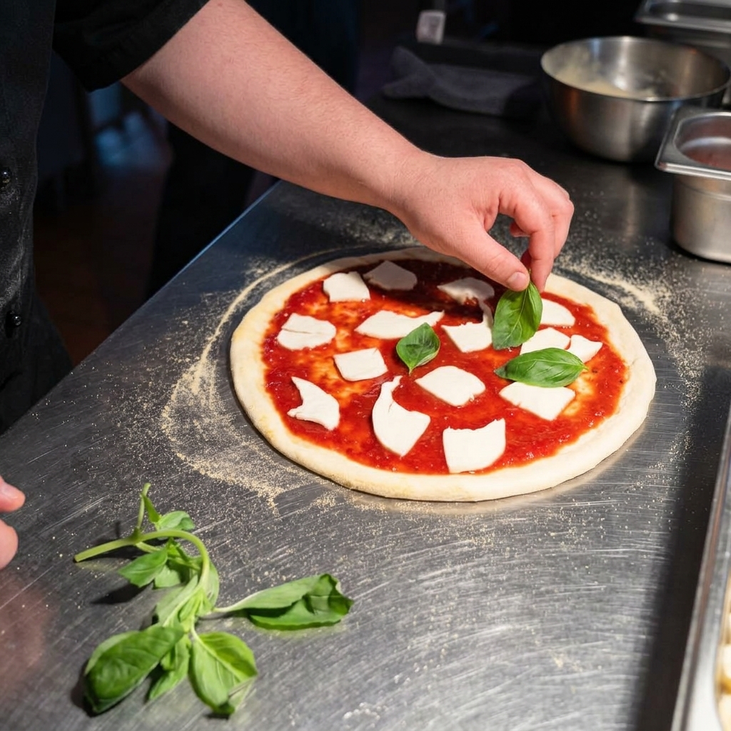 Una mano colocando hojas frescas de albahaca sobre una pizza cruda con salsa de tomate y mozzarella.
