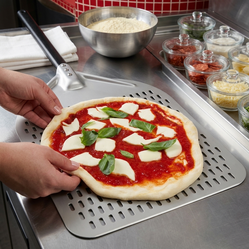 Manos estirando cuidadosamente los bordes de una pizza Margarita cruda colocada sobre una pala perforada de metal.