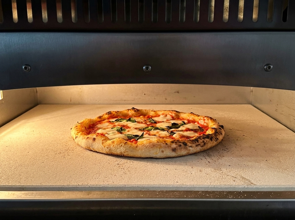 Una pizza Margarita horneándose en el suelo de piedra de un horno, con el borde hinchado y empezando a dorarse.