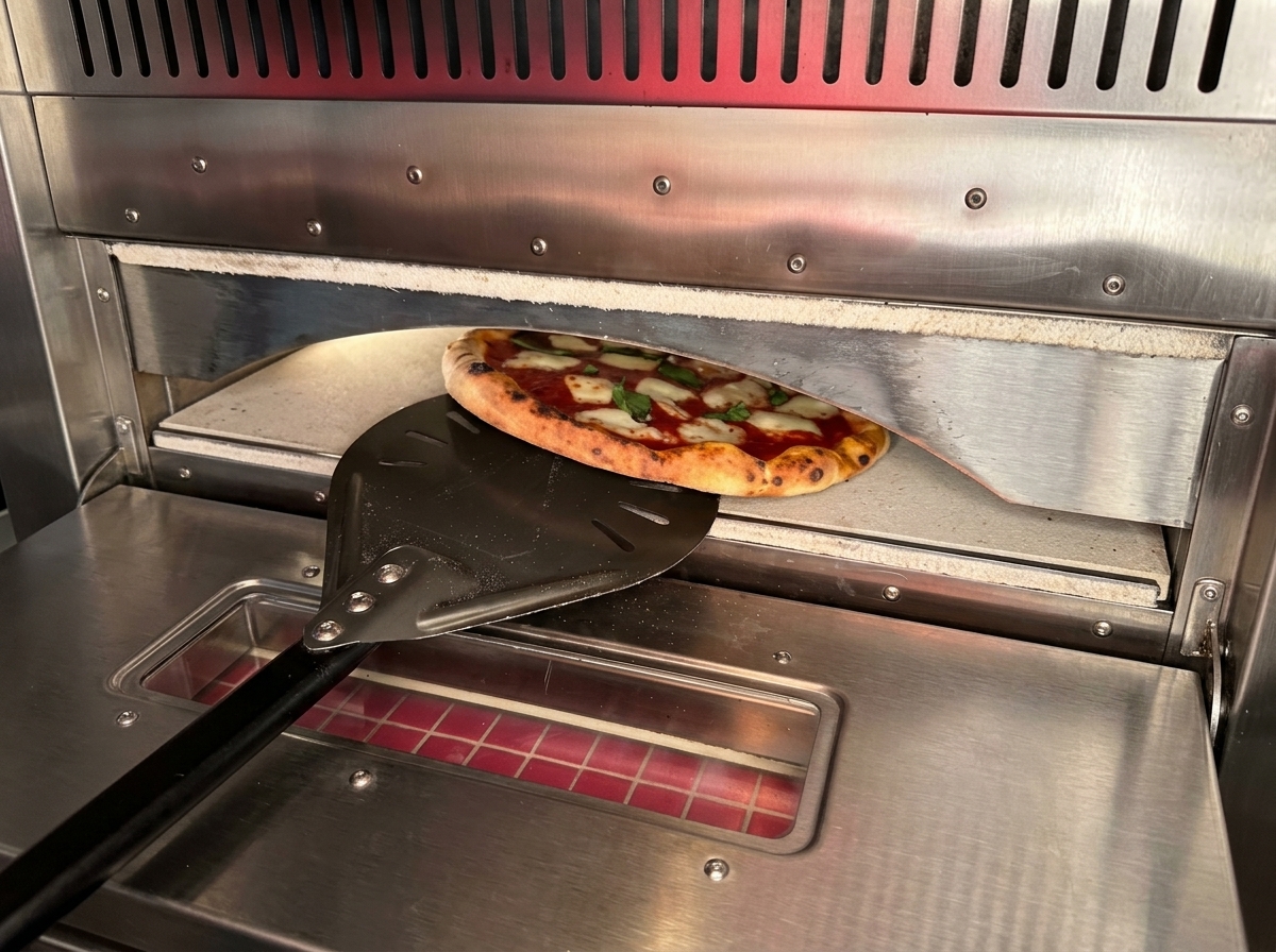 Una pizza napolitana horneada con bordes tostados e inflados, siendo extraída del horno en una pala de metal.
