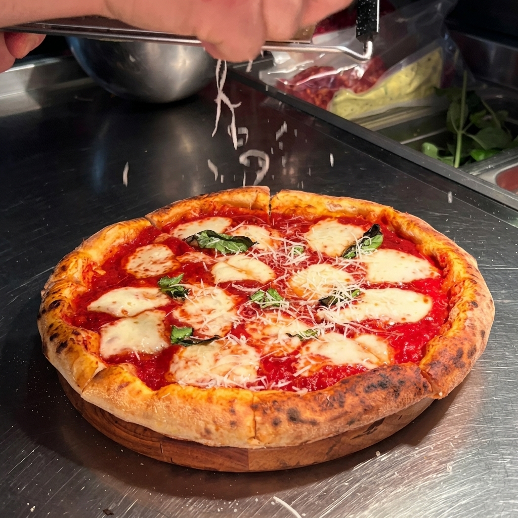 Una persona usando un rallador de mano de metal para dejar caer queso parmesano recién rallado sobre una pizza Margarita en una tabla de madera.