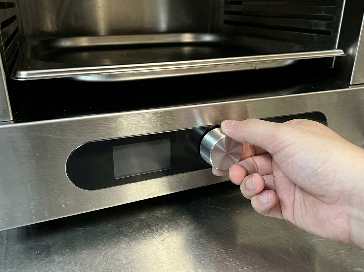 Primer plano de una mano ajustando el dial de temperatura en un horno de acero inoxidable.