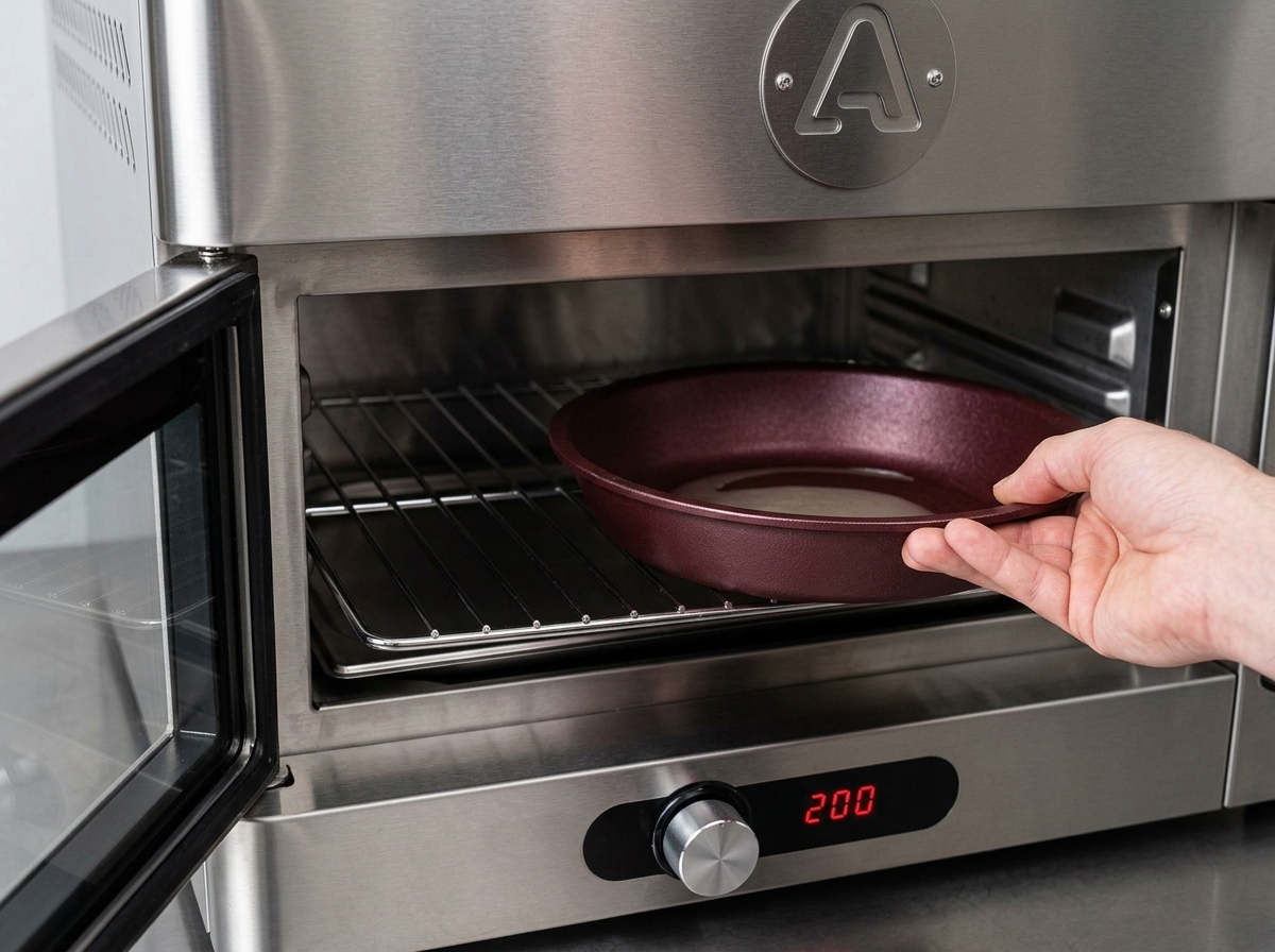 Una mano colocando una sartén de hierro fundido roja invertida dentro de un horno de acero inoxidable.