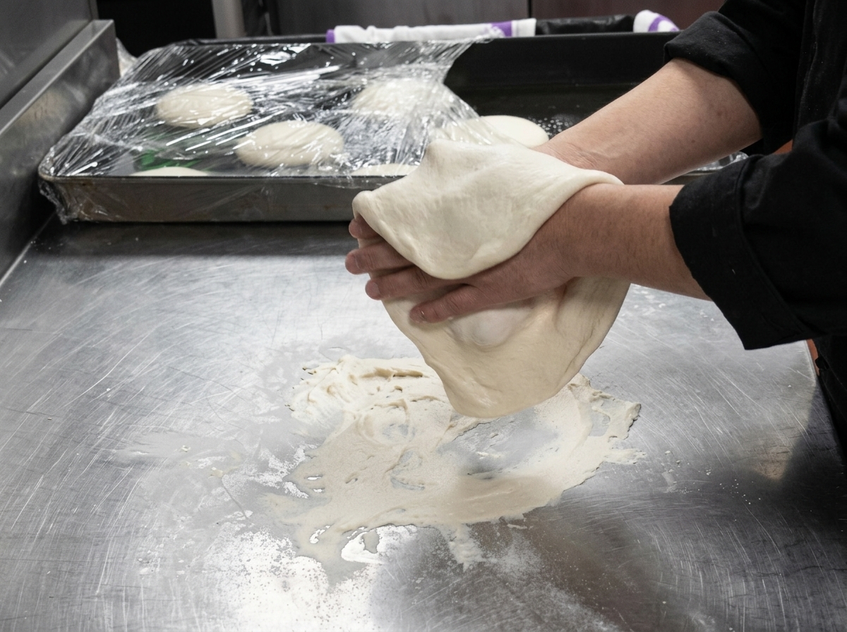 Manos sosteniendo y estirando una pieza circular de masa de pizza cruda en el aire sobre una superficie enharinada.