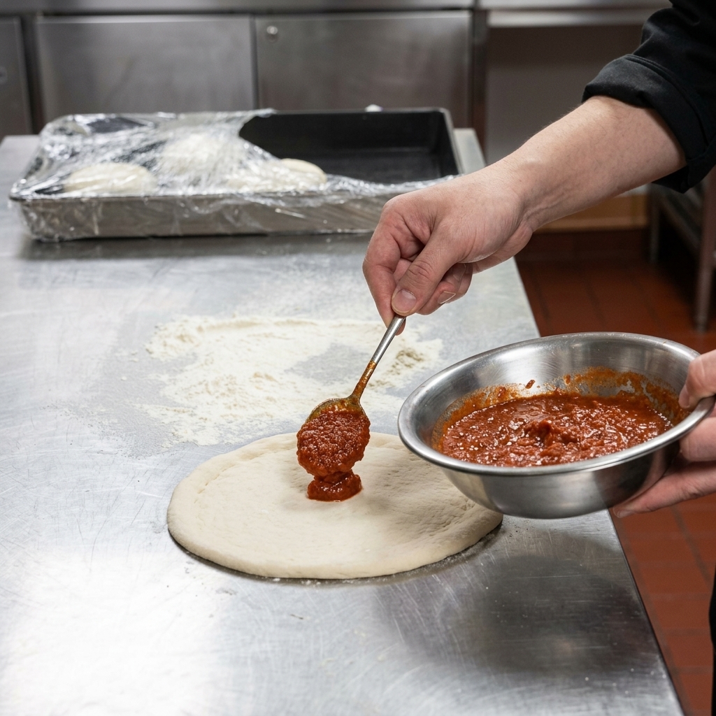 Un chef vertiendo y extendiendo salsa de tomate roja espesa en el centro de una base de pizza con una cuchara.