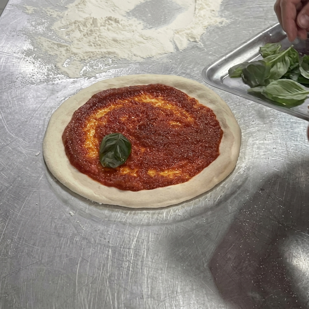 Masa de pizza cubierta con salsa roja, con algunas hojas de albahaca fresca siendo colocadas encima.