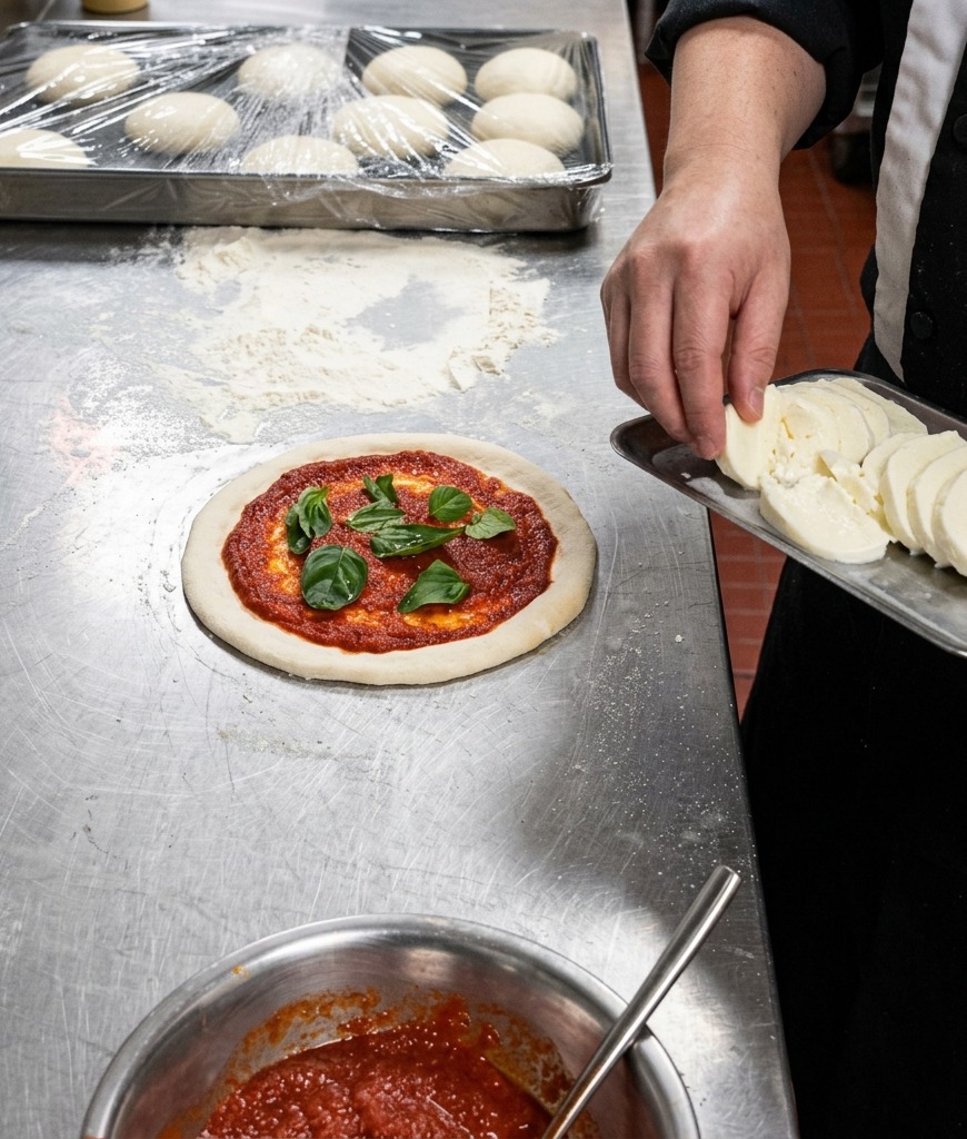 Chef sosteniendo una bandeja con rodajas de mozzarella fresca junto a una masa de pizza con salsa y albahaca.