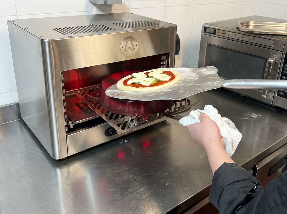 Una pizza cruda siendo deslizada desde una pala de metal hacia una sartén de hierro muy caliente dentro del horno.