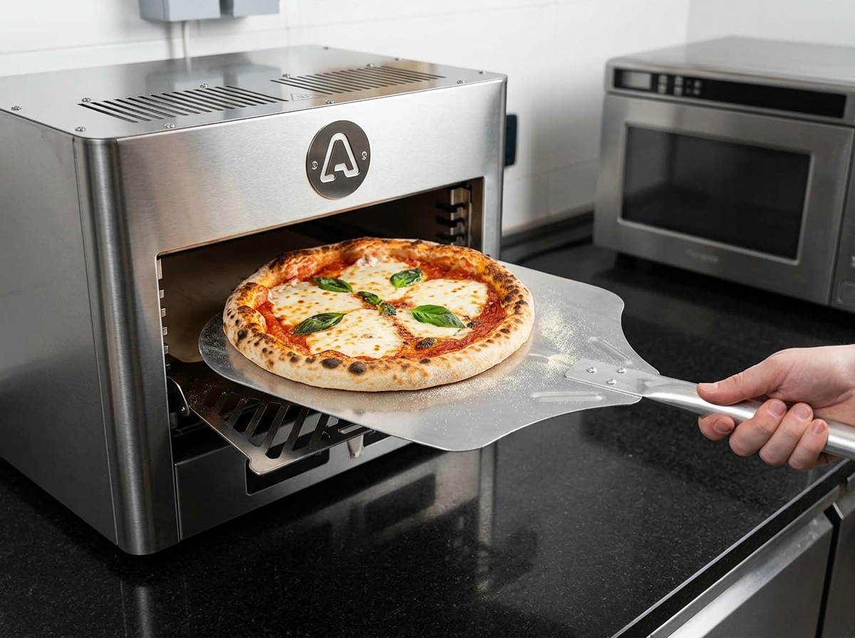 Una pizza totalmente horneada con bordes aireados y ligeramente tostados siendo retirada del horno con una pala.