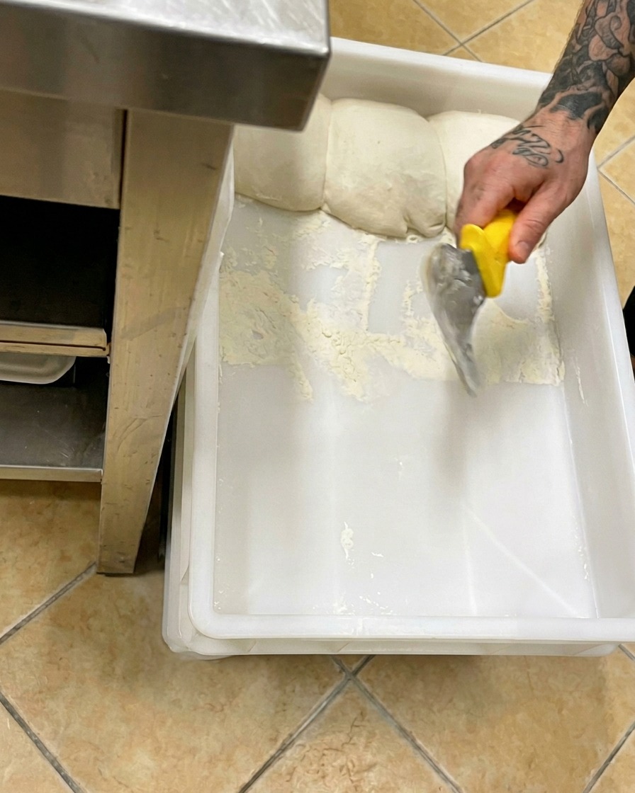 Una mano con una espátula de mango amarillo retirando con cuidado una bola de masa de un recipiente blanco de fermentación.