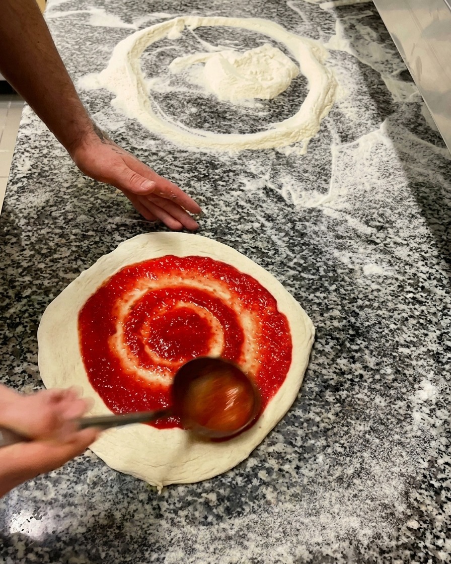 Una persona usando un cucharón metálico para extender salsa de tomate roja en movimientos circulares sobre la masa cruda.