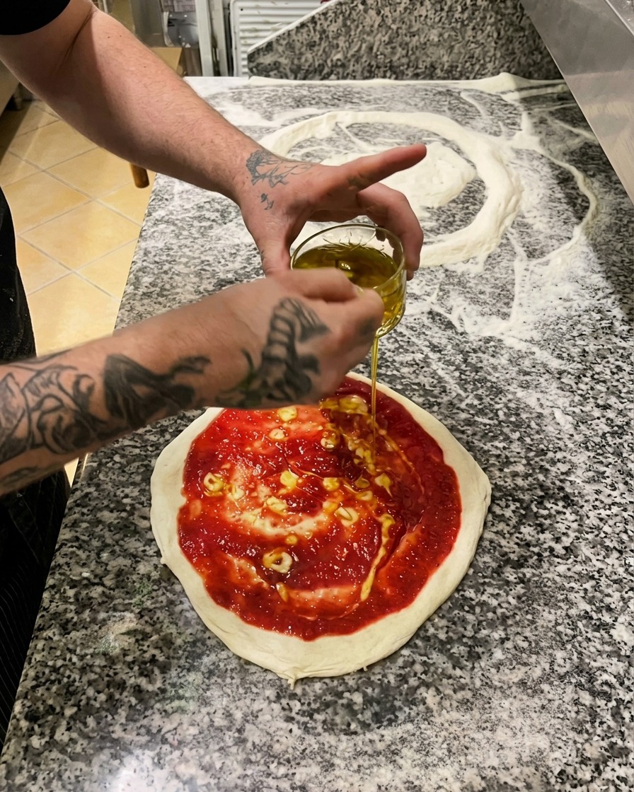 Una persona vertiendo aceite de oliva dorado infusionado con ajo desde un pequeño bol sobre la base de la pizza con tomate.