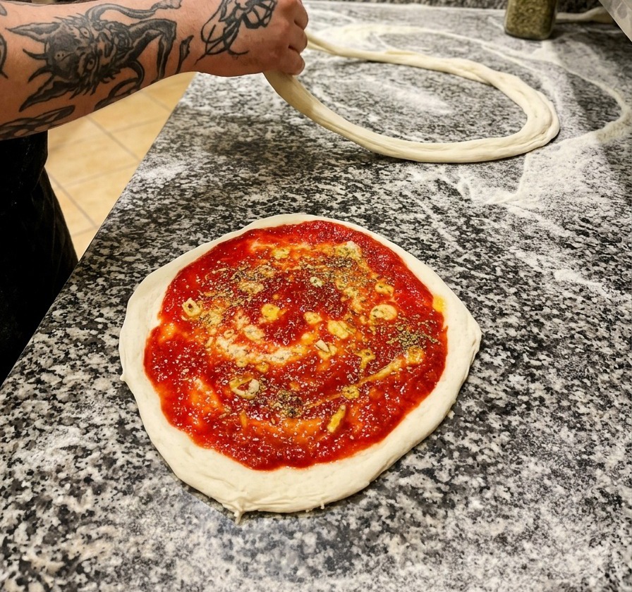 Base de pizza cruda con salsa de tomate, láminas de ajo y una lluvia de orégano seco sobre una encimera de mármol.