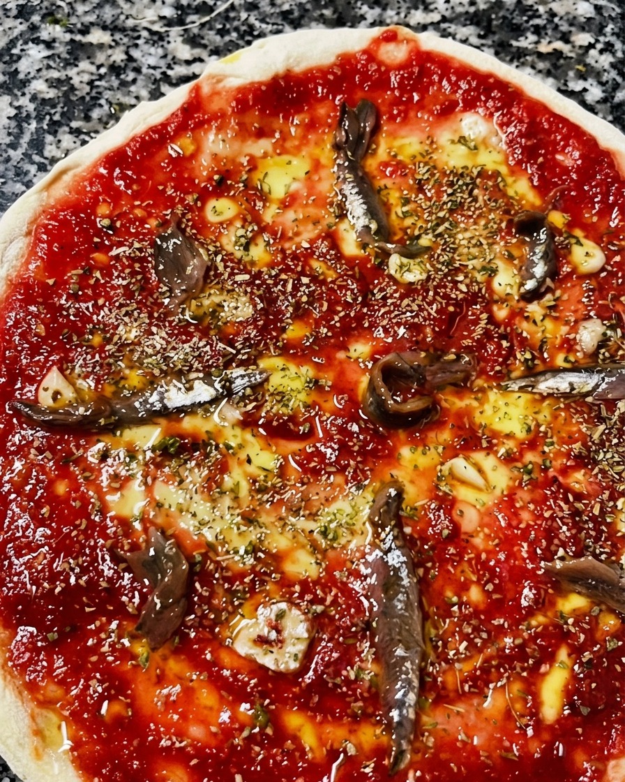 Primer plano cenital de una pizza cruda con tomate, aceite, orégano, ajo y filetes de anchoa marinada distribuidos.