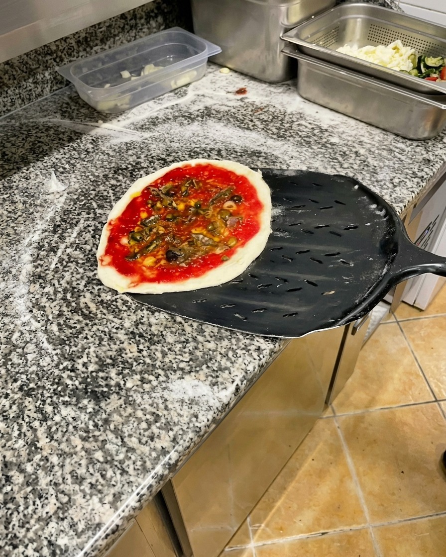 Pizza napolitana cruda con tomate, anchoas y aceitunas sobre una pala de metal negra.