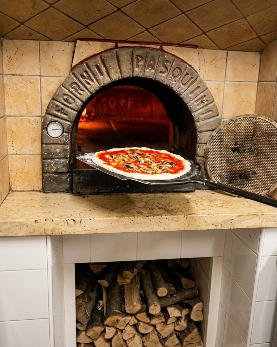 Deslizando una pizza cruda desde la pala metálica directamente al suelo de un horno de ladrillo al rojo vivo.
