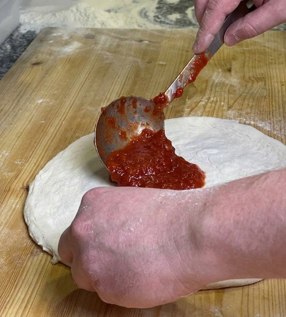 Una persona usando una cuchara de metal para extender puré de tomate rojo en movimientos circulares sobre una masa de pizza aplanada.