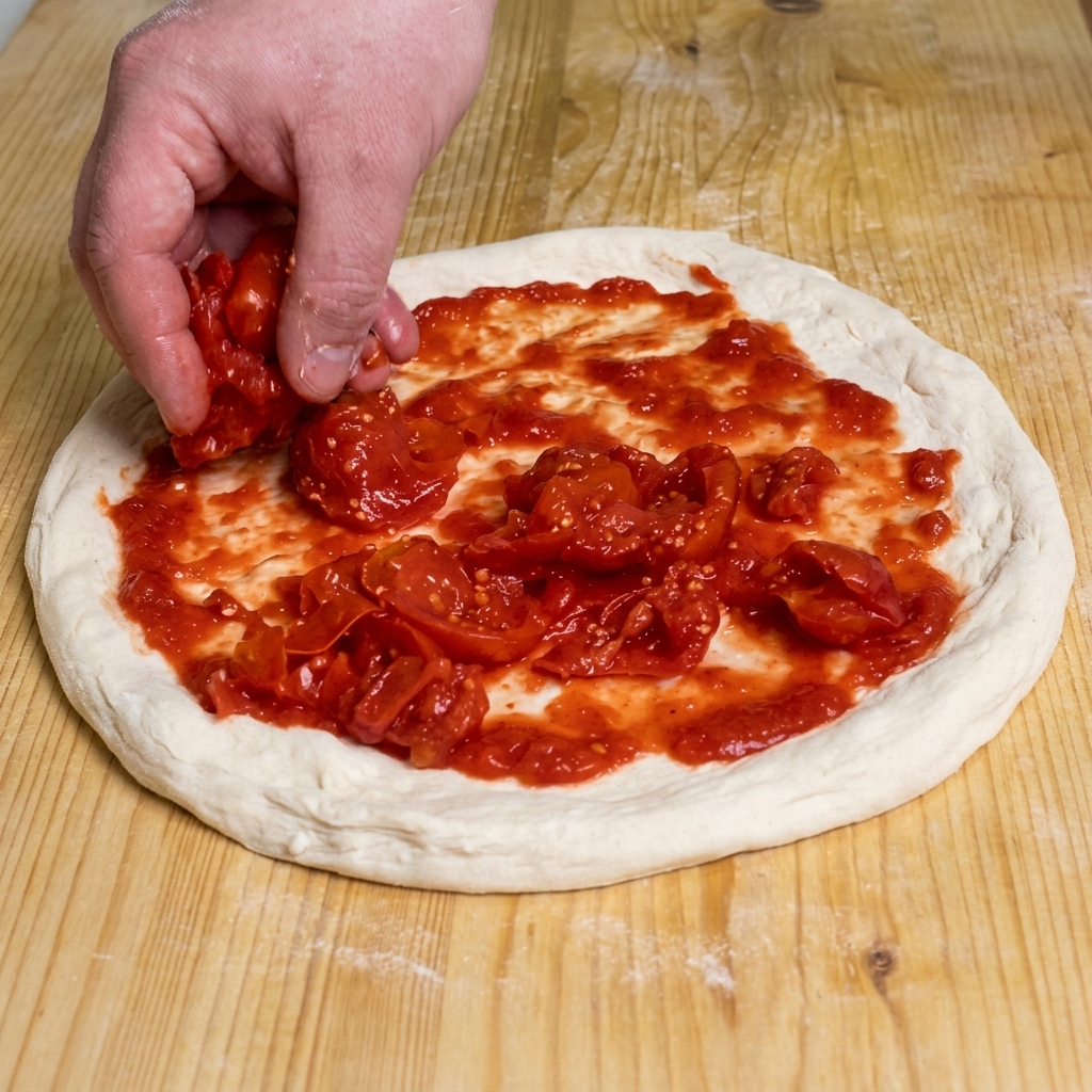 Una mano colocando trozos grandes y rústicos de tomate rojo fresco sobre la masa de pizza ya cubierta con puré de tomate.